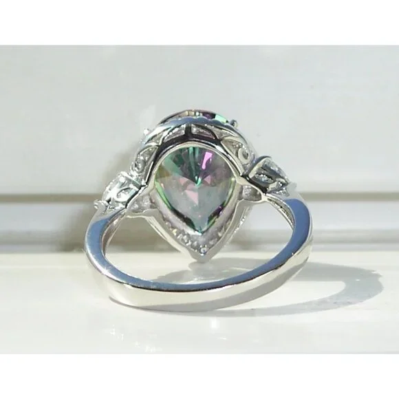 925 Sterling Silver Simulated Mystic Rainbow Topaz CZ Pear Cut Halo Ring - Picture 10 of 16